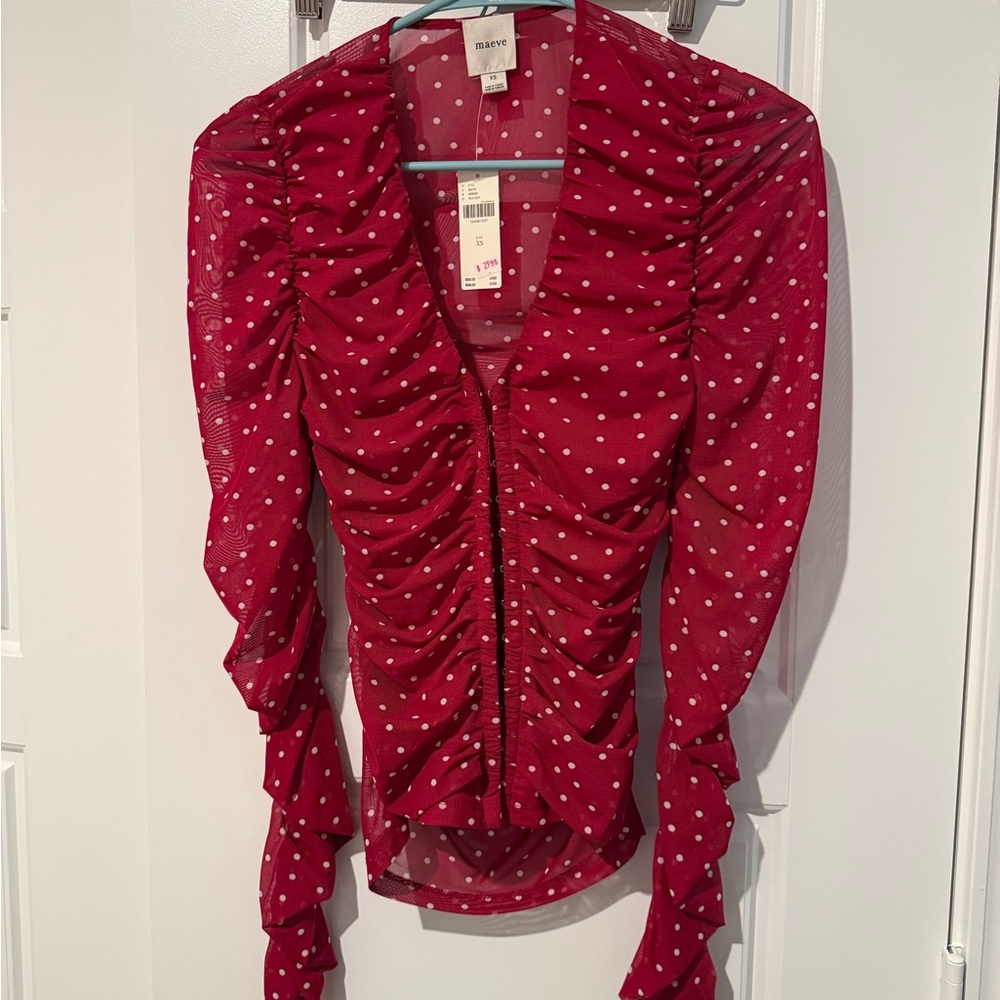 Maeve Red Polka Dot Ruched V-Neck Blouse